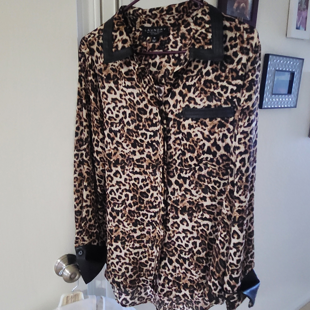 Laundry by Shelli Segal Faux Leather Trim Button Down Long Sleeve M Like New!